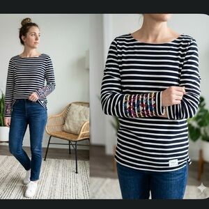 Talbots Authentic Breton Stripe Floral Embroidered Sleeve Boatneck Top M Cotton